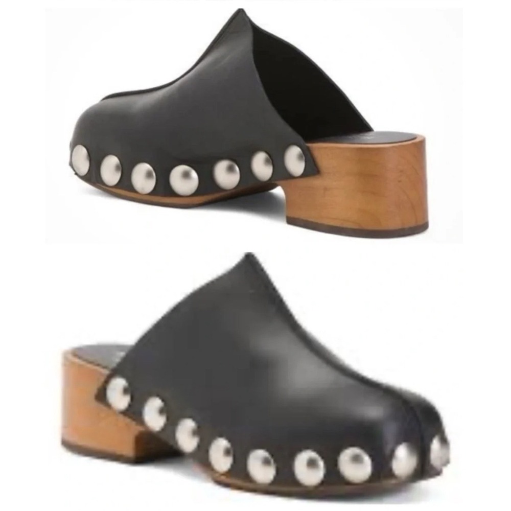 MINELLI Spain Black Leather Silver Studded Wood Heel Platform Clogs Size 38 EUC